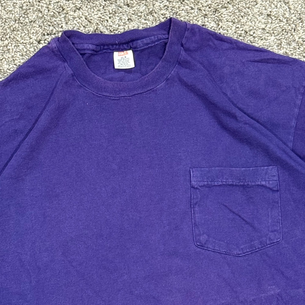 Vintage 70s Hanes Purple Selvedge Pocket Tee Single Stitch Mens XL Cotton Blank